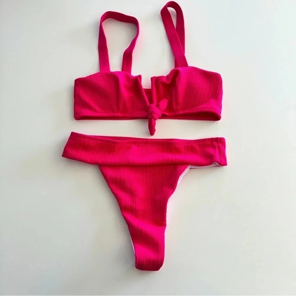Shein Pink Textured Knot Bandeau Bikini Two Piece Swimsuit